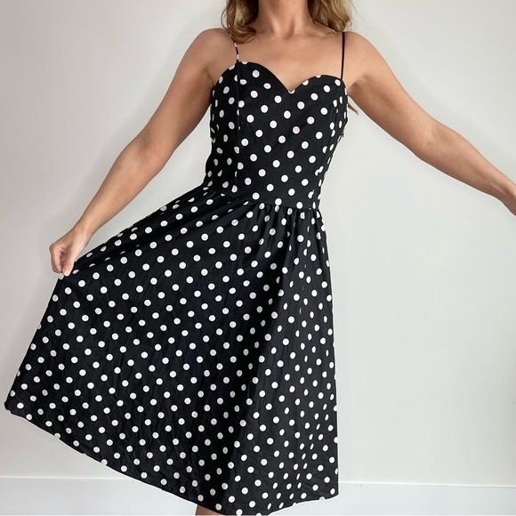 Vintage Sears Black & White Polka Dot Bow Midi Dress (S) - Picture 1 of 9